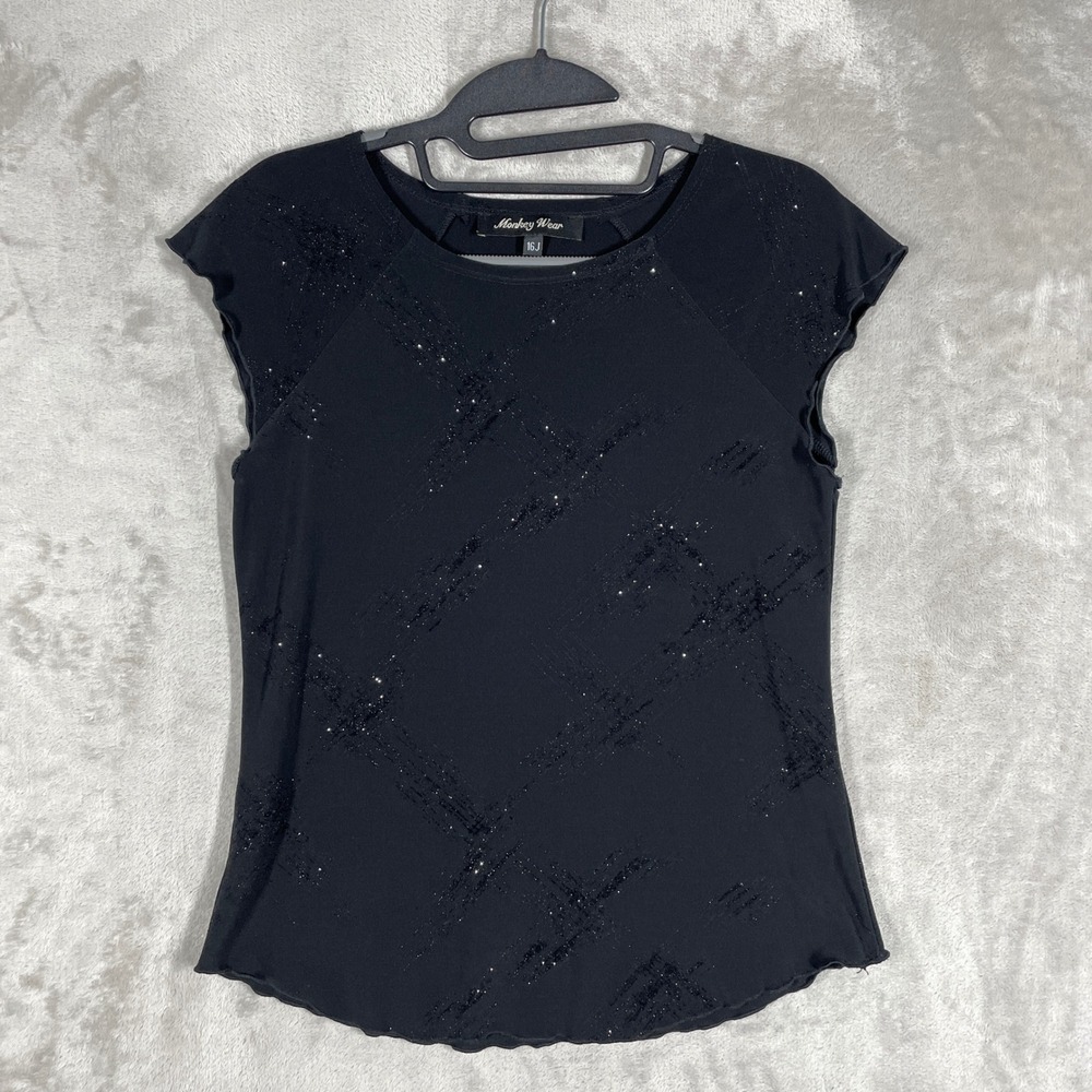 Monkey‎ Wear Short Sleeve Top Womens 16J Black Glitter Sparkle Y2K Glam Party